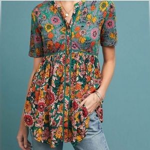 Anthropologie Veria Tunic in Green Motif size S
